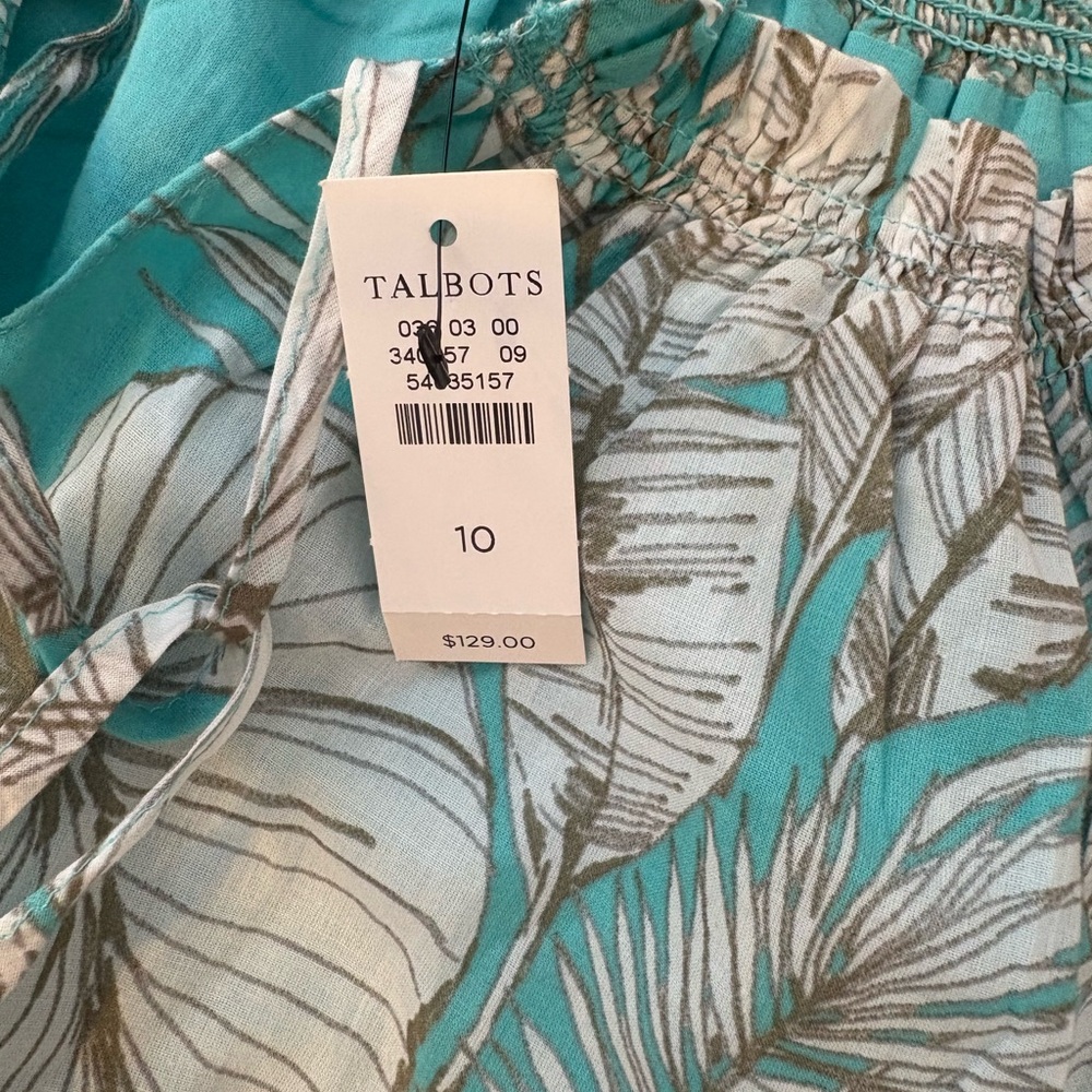 Talbots Teal and White Leaf Print Summer Dress size 10 NWT preppy 100% cotton - Picture 4 of 7